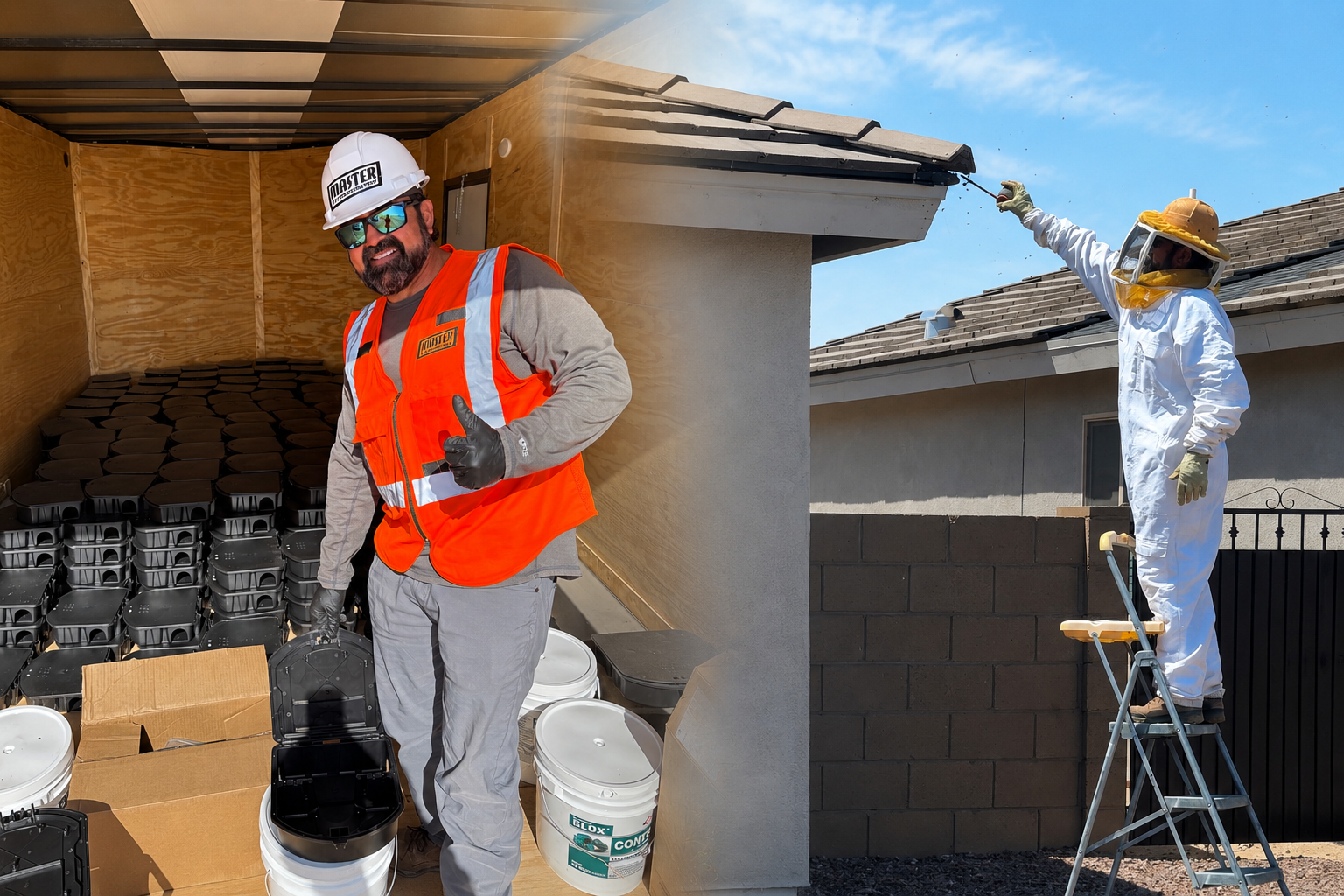 Master Exterminators technicians with service truck and beekeeper removing a hive in Yuma, AZ